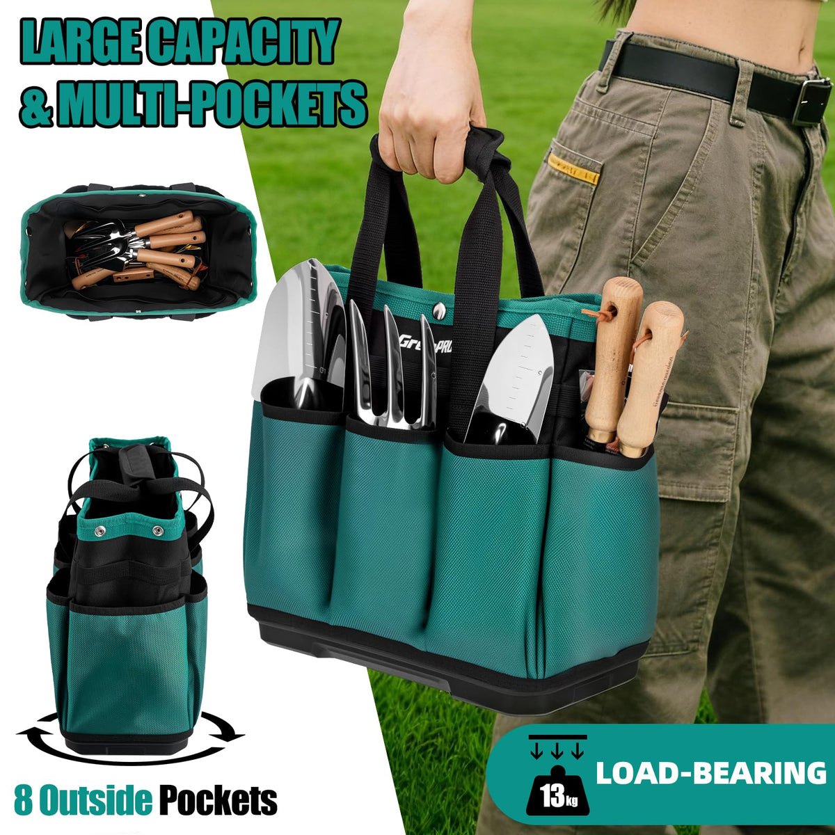 GrenPRO Garden Tool Bag featuring top snap closures to prevent spills during transport.