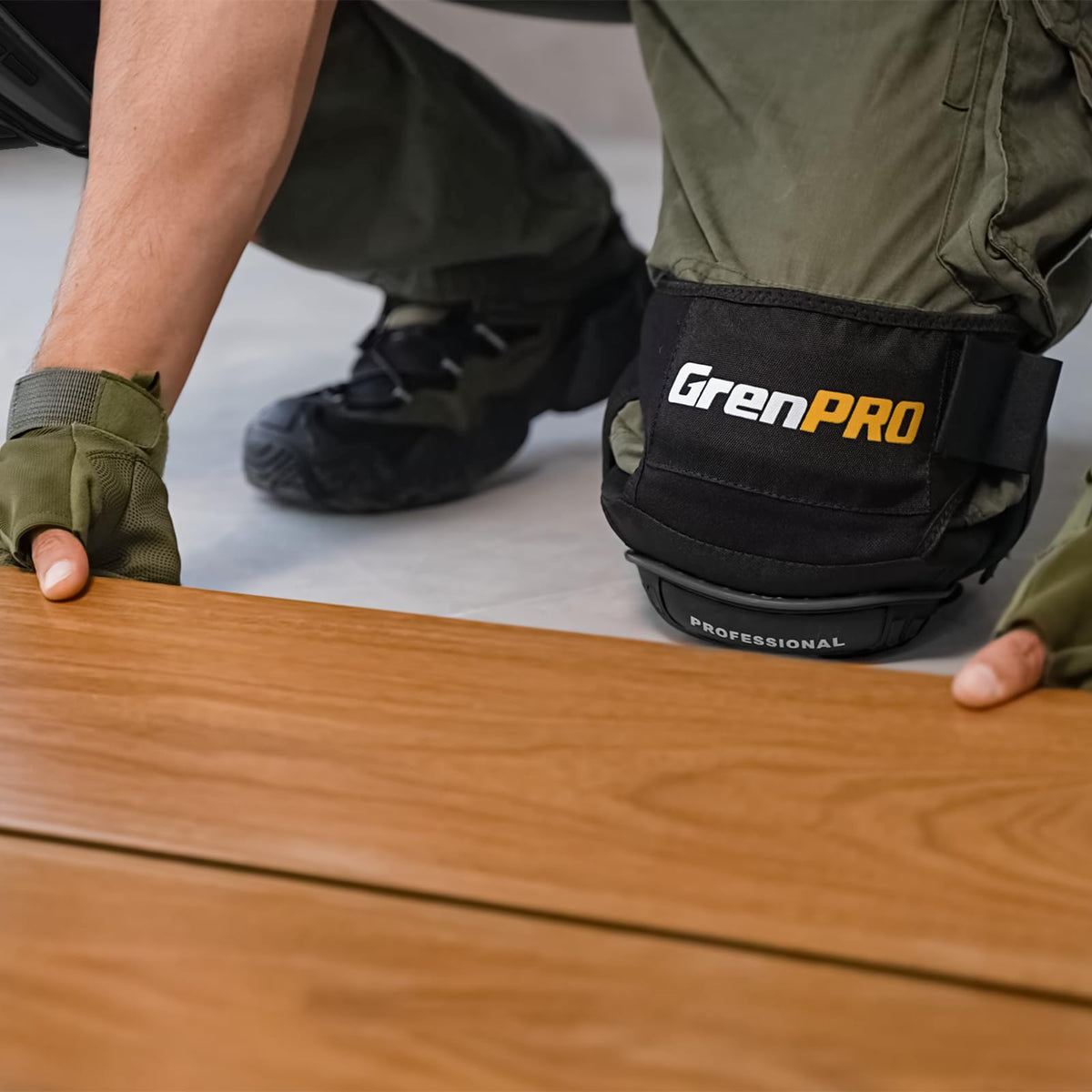 Grenpro knee pad strap close-up highlights secure fit and quick adjustments