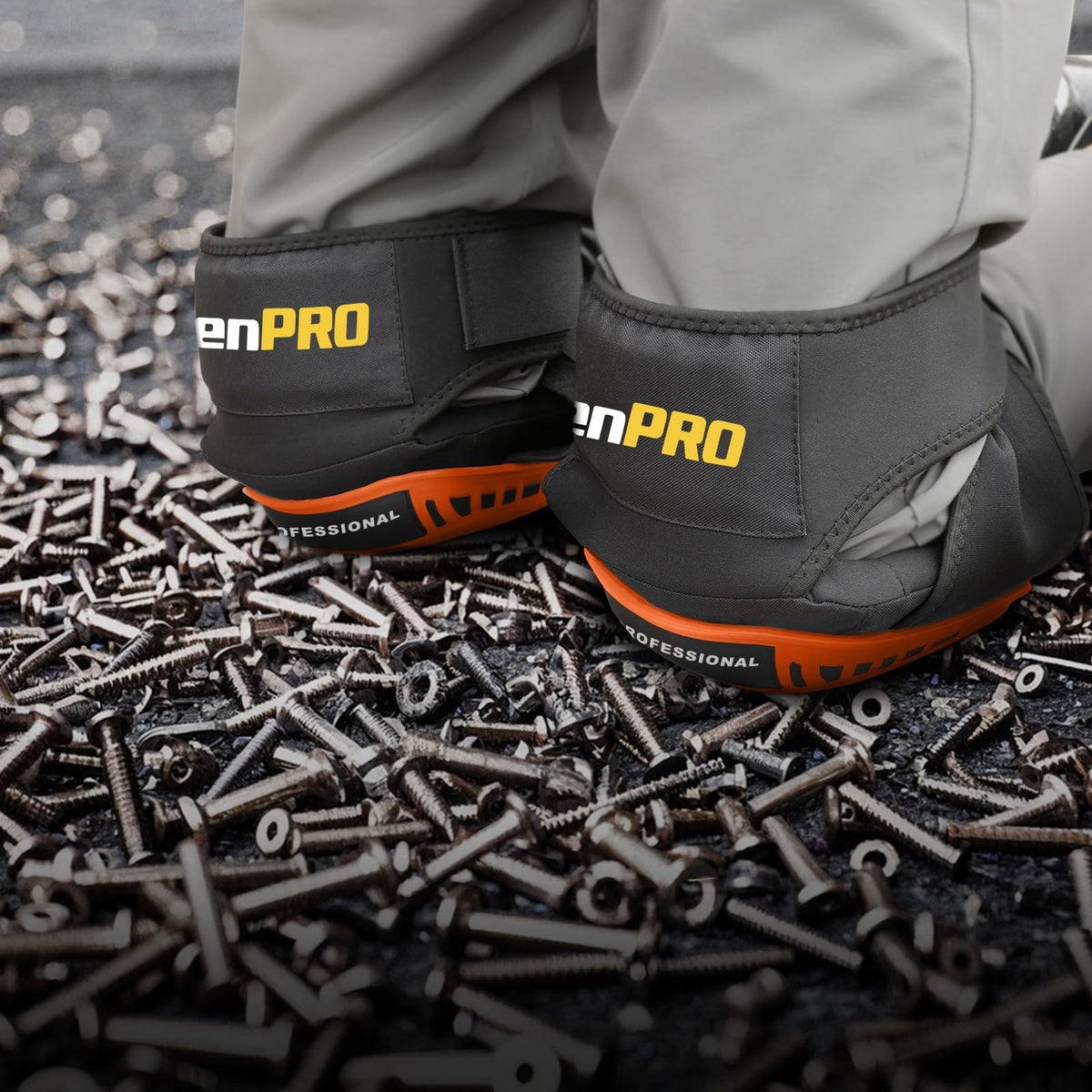 GRENPRO knee pads on a construction site for concrete and tile work.