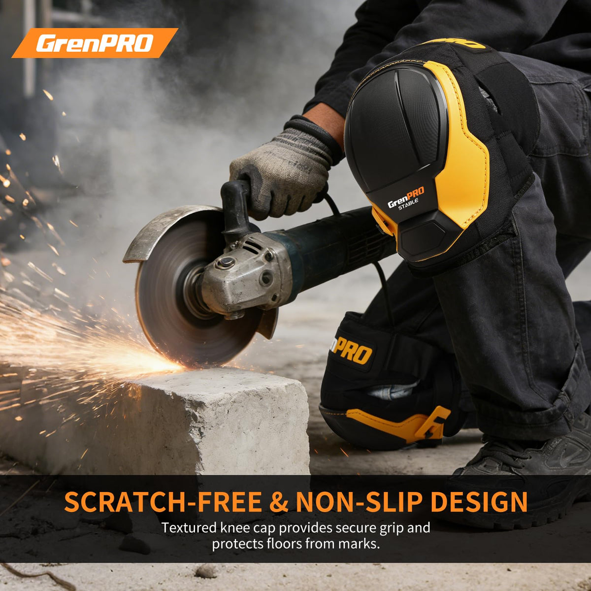 Metal rivets reinforce construction for strenuous daily work with GRENPRO knee pads.