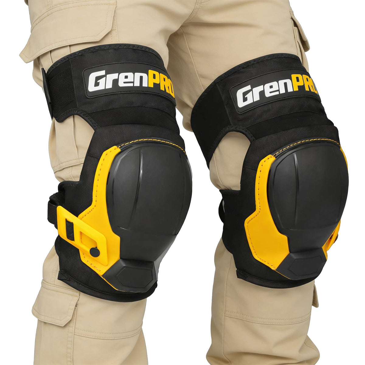 GRENPRO knee pad with neoprene straps and silicone grip for secure all-day wear.