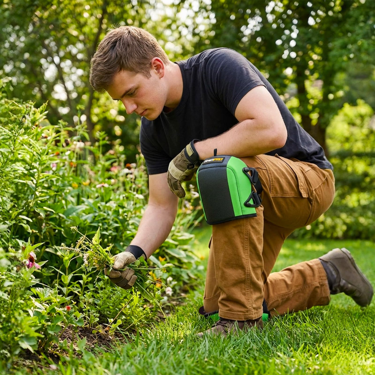 A woman uses GRENPRO knee pads while gardening for knee protection.