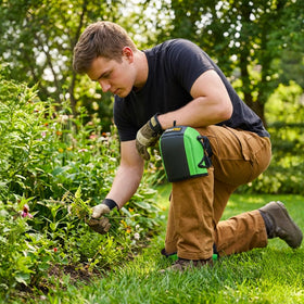 A woman uses GRENPRO knee pads while gardening for knee protection.