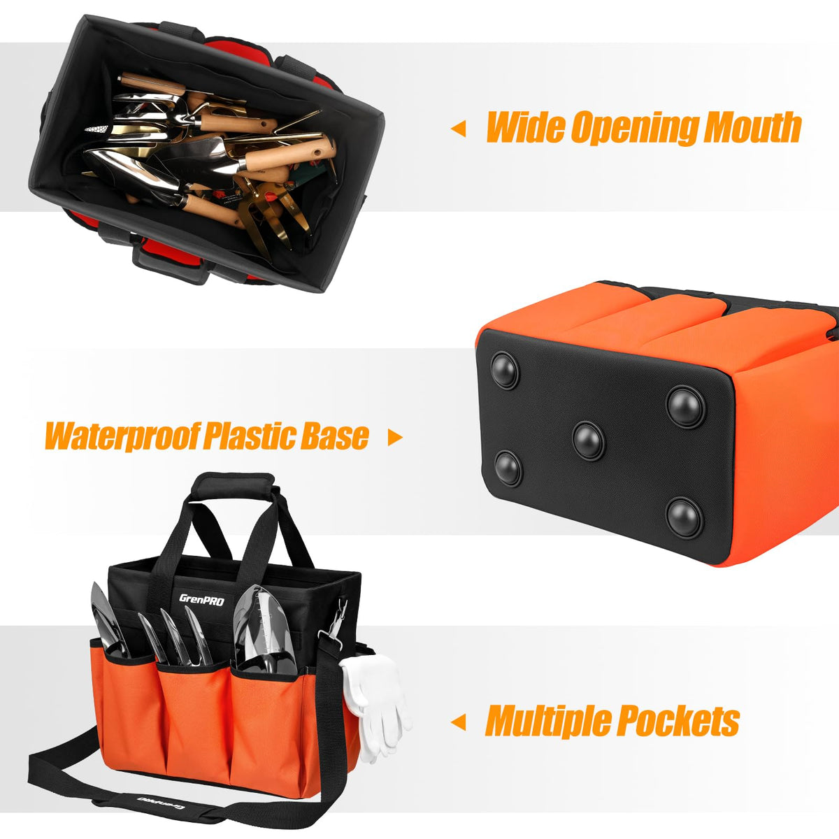 Grenpro large interior capacity fits essential tools for gardening or DIY projects.