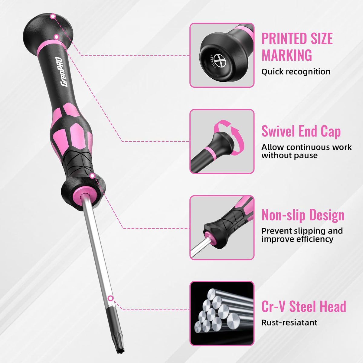 GRENPRO magnetic-tip keeps screws secure during vertical repairs.