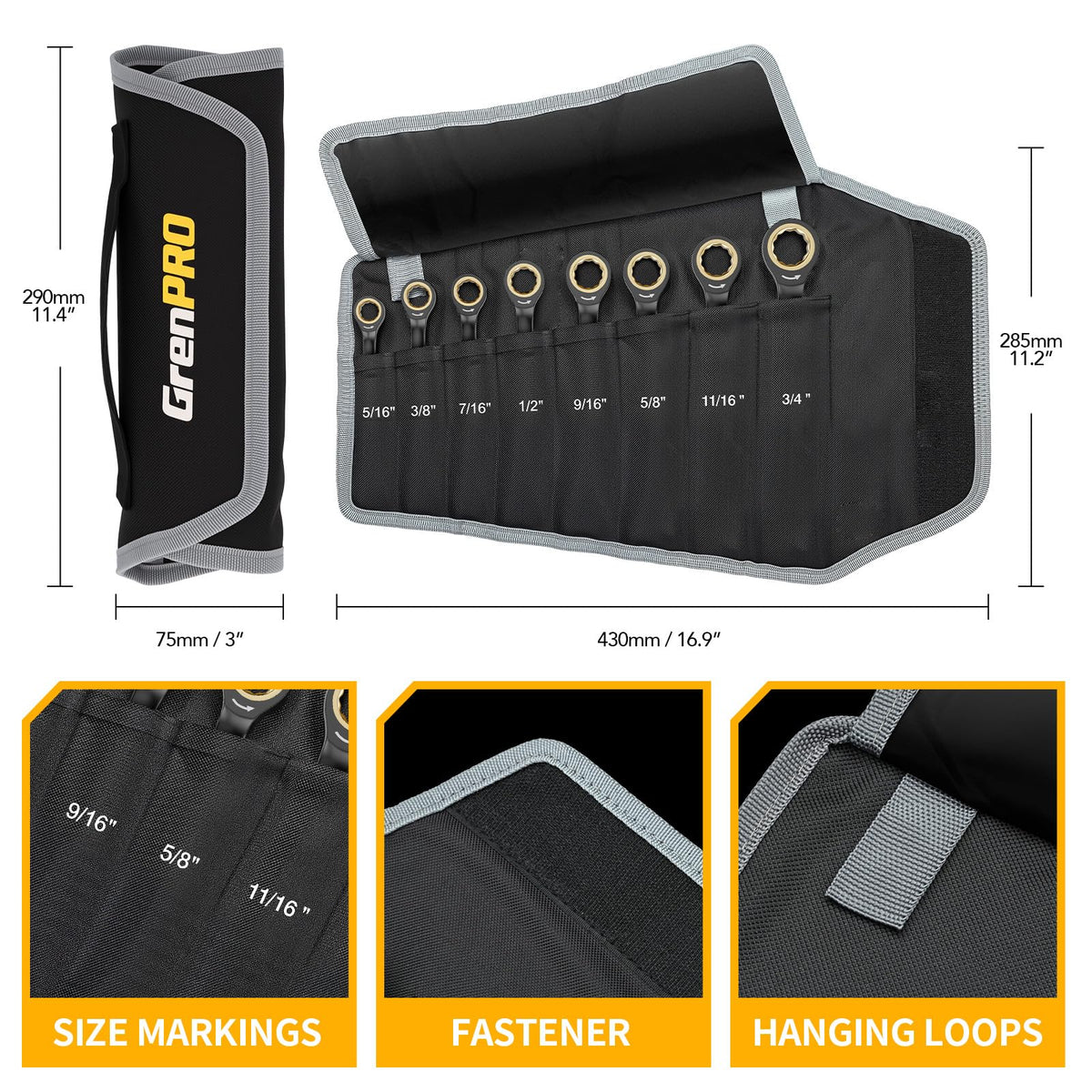 Open-end wrenches stored in a durable roll-up pouch
