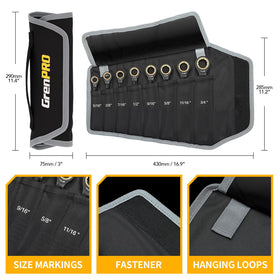 Open-end wrenches stored in a durable roll-up pouch