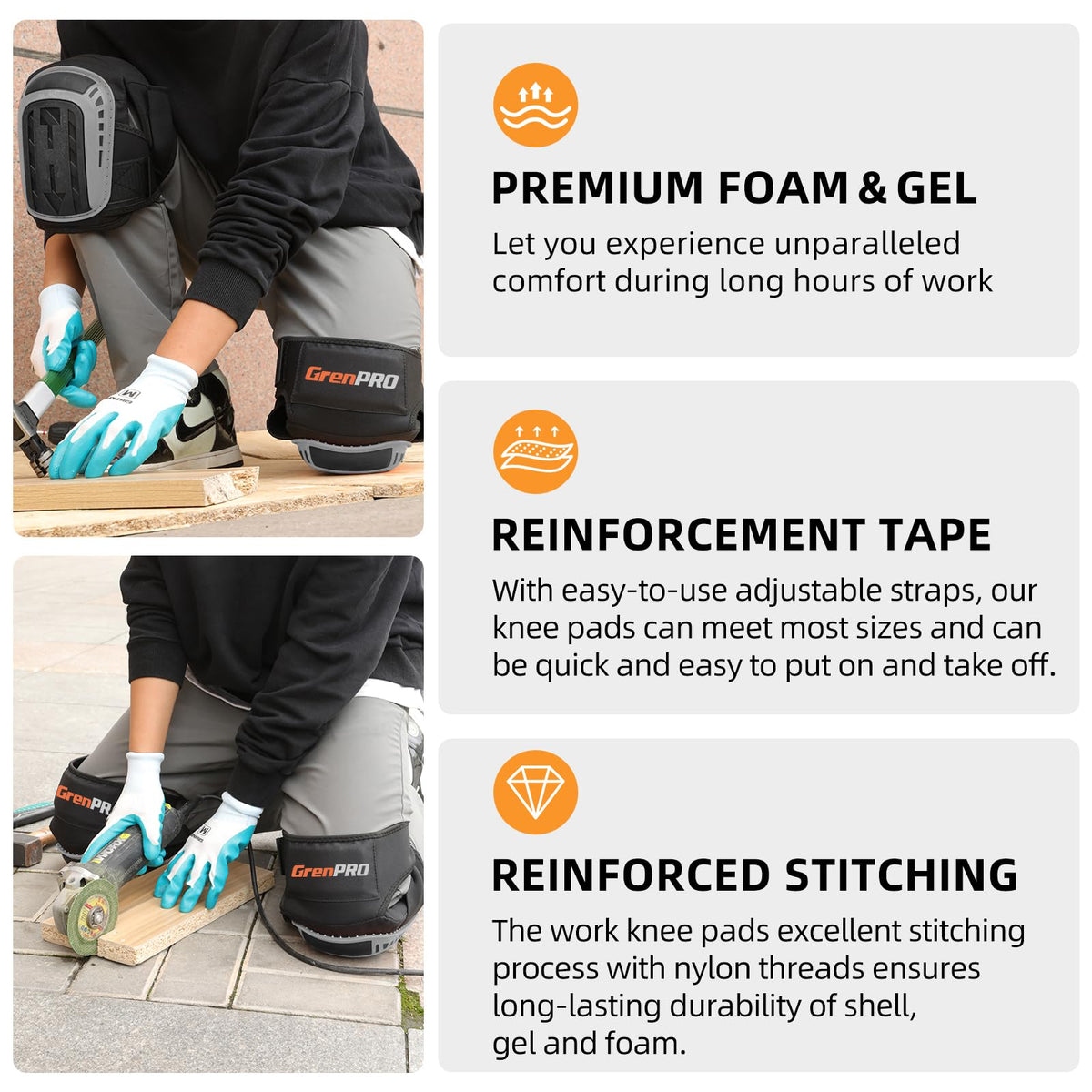 GRENPRO knee pads offer quick on/off wearing with secure straps.