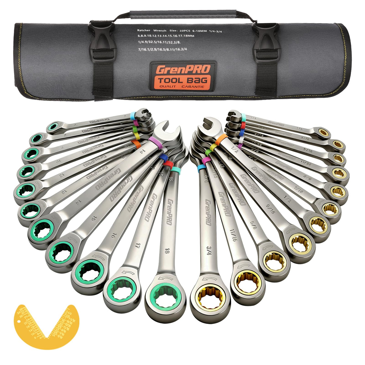 GRENPRO ratcheting wrench set with color rings for quick tool identification during repairs.