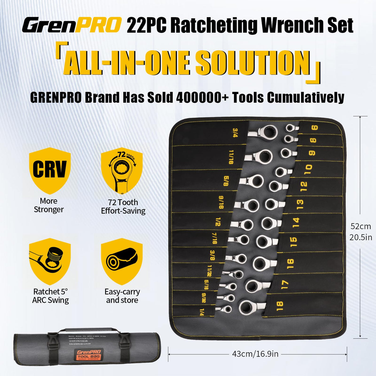 GrenPRO wrench set showing metric and SAE sizes for versatile fastening.