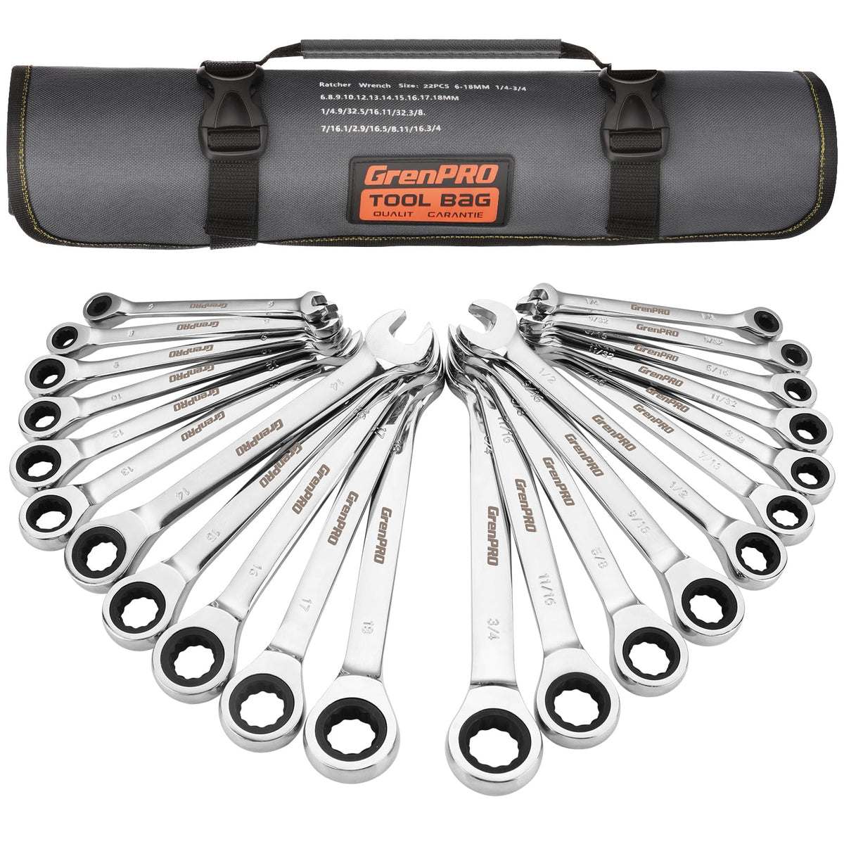 GrenPRO ratcheting wrench set in roll-up pouch for portable on-site repairs.