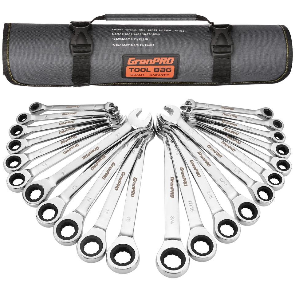 GrenPRO ratcheting wrench set in roll-up pouch for portable on-site repairs.