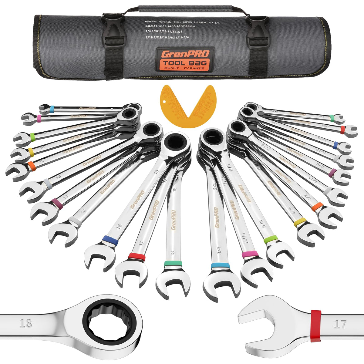 GRENPRO ratcheting wrench set with roll-up pouch for portable repairs.