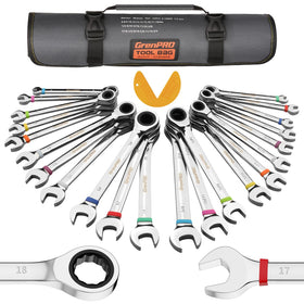 GRENPRO ratcheting wrench set with roll-up pouch for portable repairs.