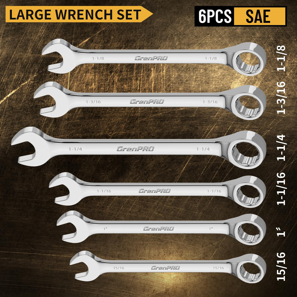 GRENPRO SAE wrenches with visible size markings for fast tool selection in projects.