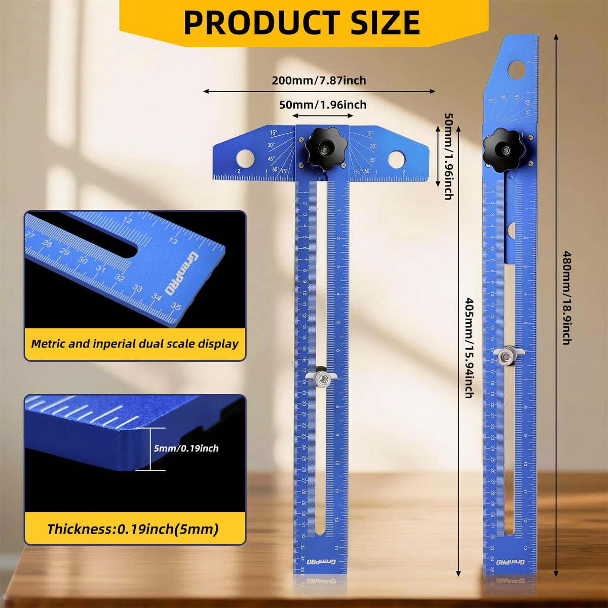 GRENPRO sliding T-square with aluminum alloy frame for durable, precise measuring.