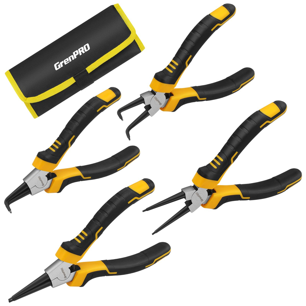 GRENPRO snap ring pliers 7-inch internal/external with straight and bent jaws for versatile ring work