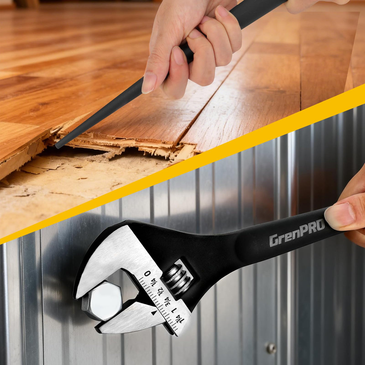 GRENPRO jaw and scale close-up shows laser-etched SAE and Metric markings.
