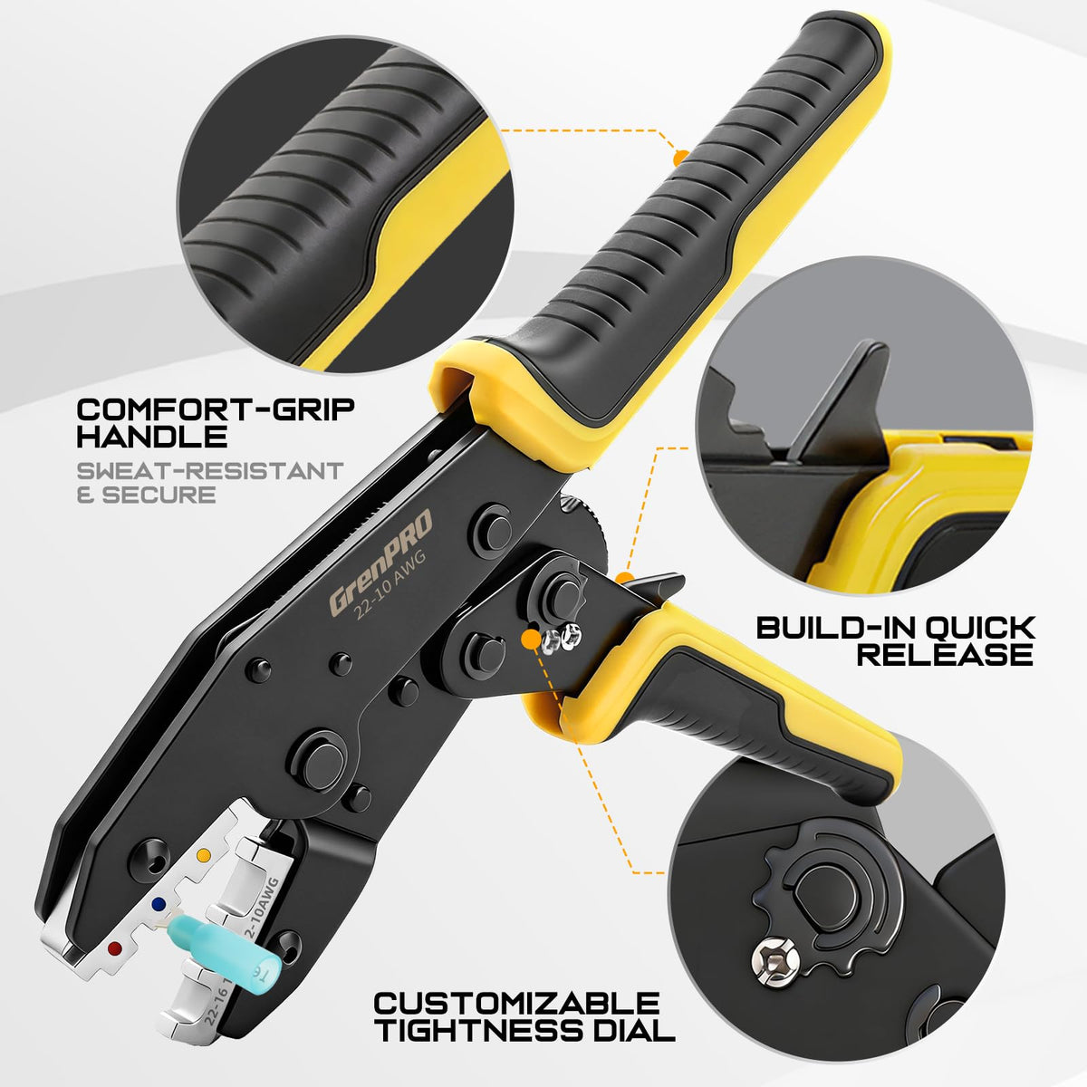 Grenpro crimping tool shows adjustable-depth control for different wires.