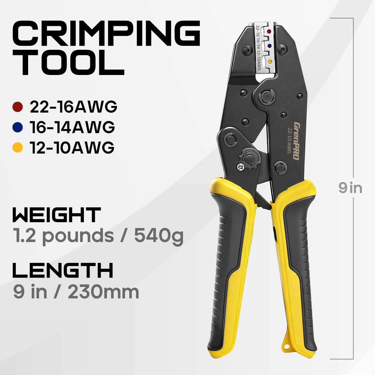 Grenpro crimper tool highlights precision ratchet for consistent crimps.