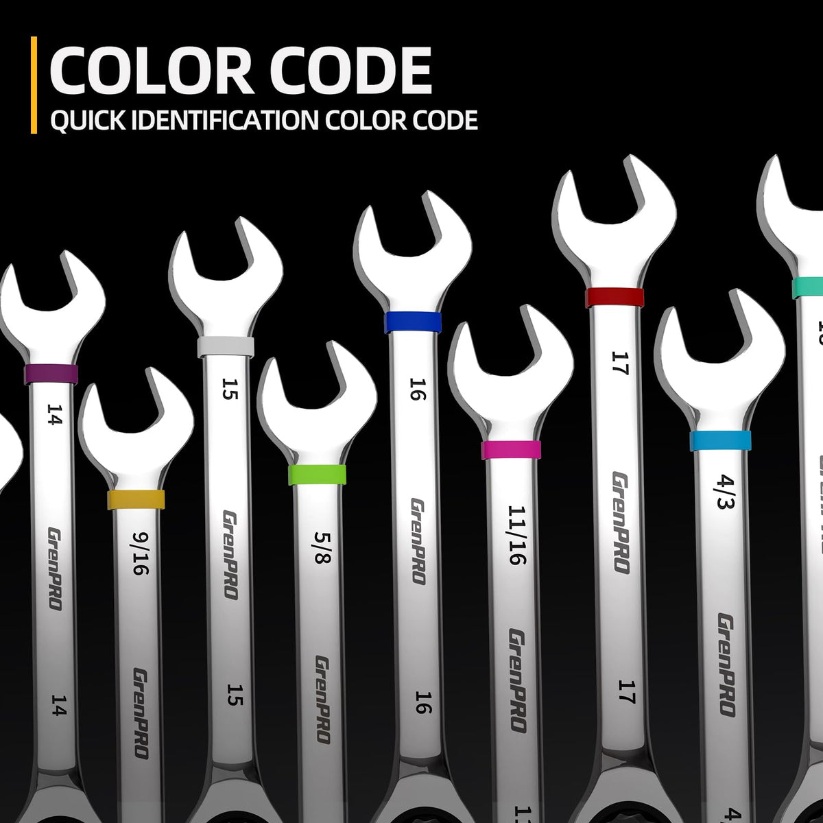 GRENPRO wrenches with color rings for quick size identification.