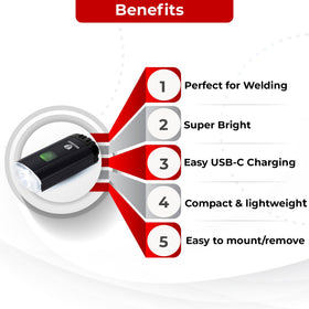 GRE_OVERRIDE rechargeable welding helmet light rear view highlights safety with red LED indicator.