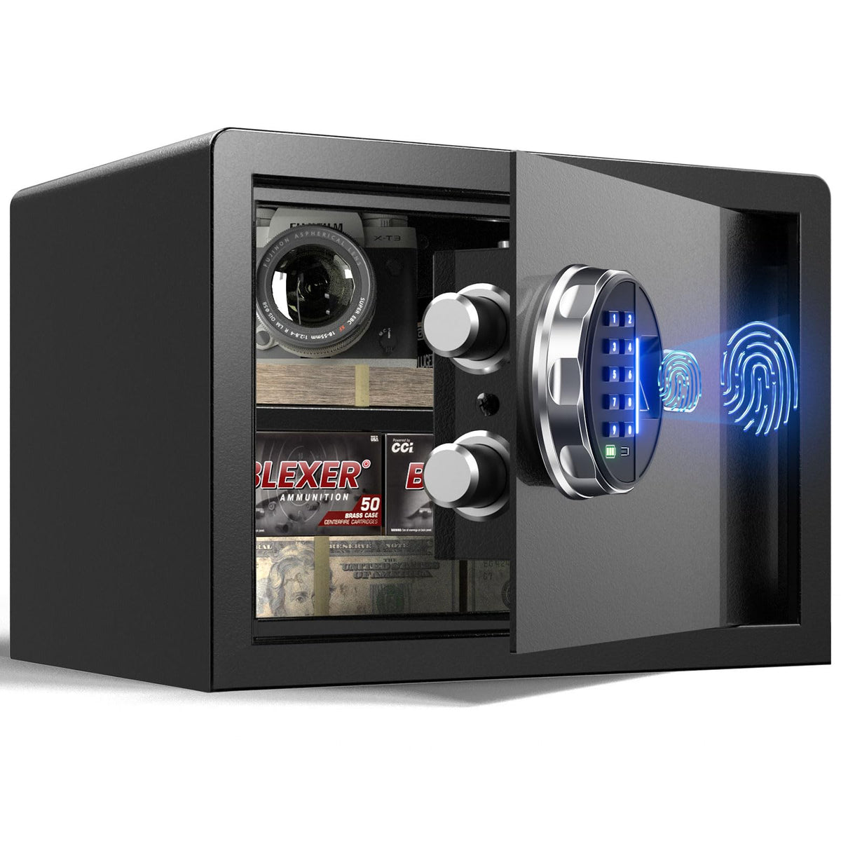 Grimtron 20 lb smart biometric safe front view with quick access