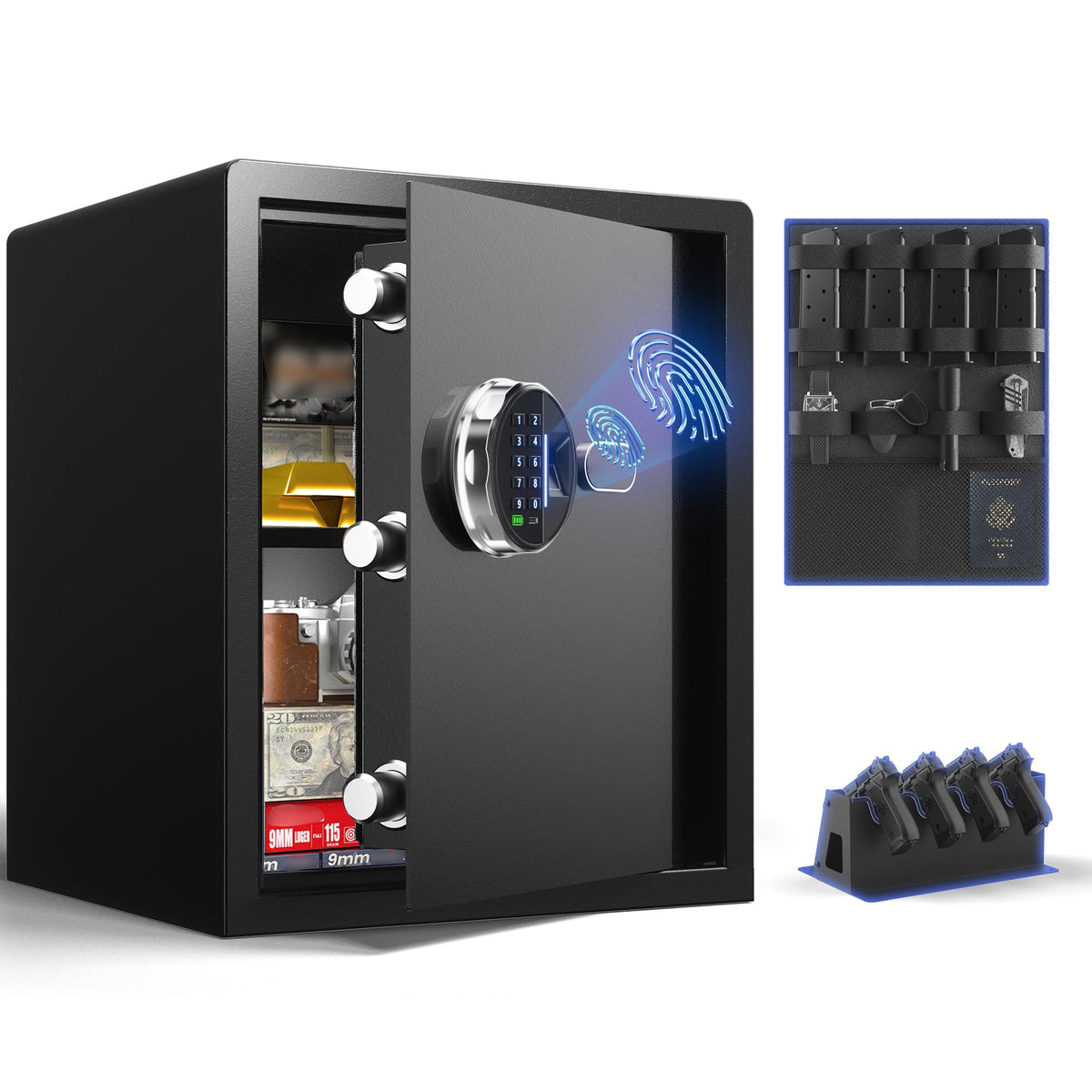 Grimtron 35 lb biometric safe front view for home security