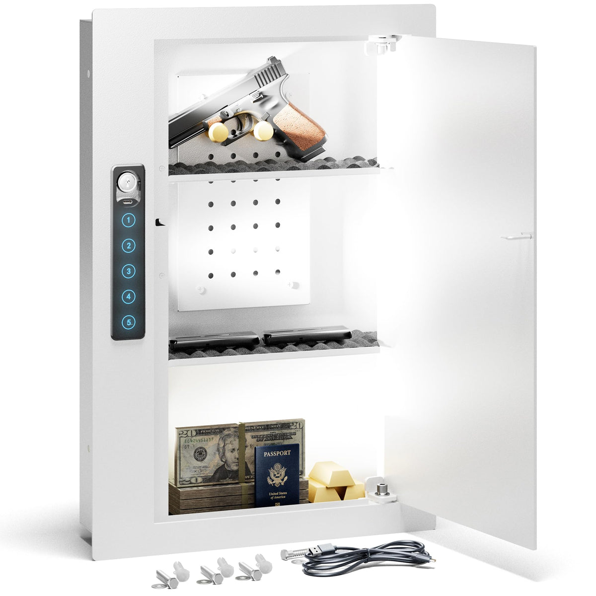 Grimtron Quick Access White Wall Safe front view with pegboard for organized valuables.