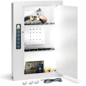 Grimtron Quick Access White Wall Safe front view with pegboard for organized valuables.