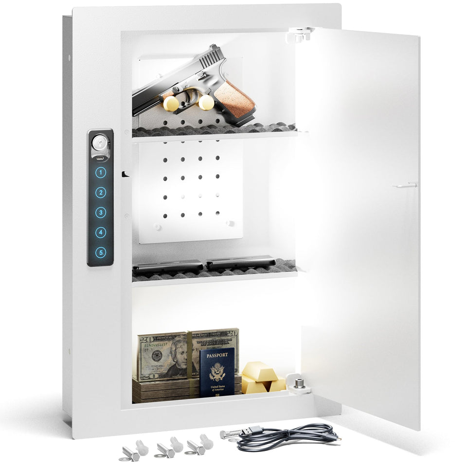 Grimtron Quick Access White Wall Safe front view with pegboard for organized valuables.