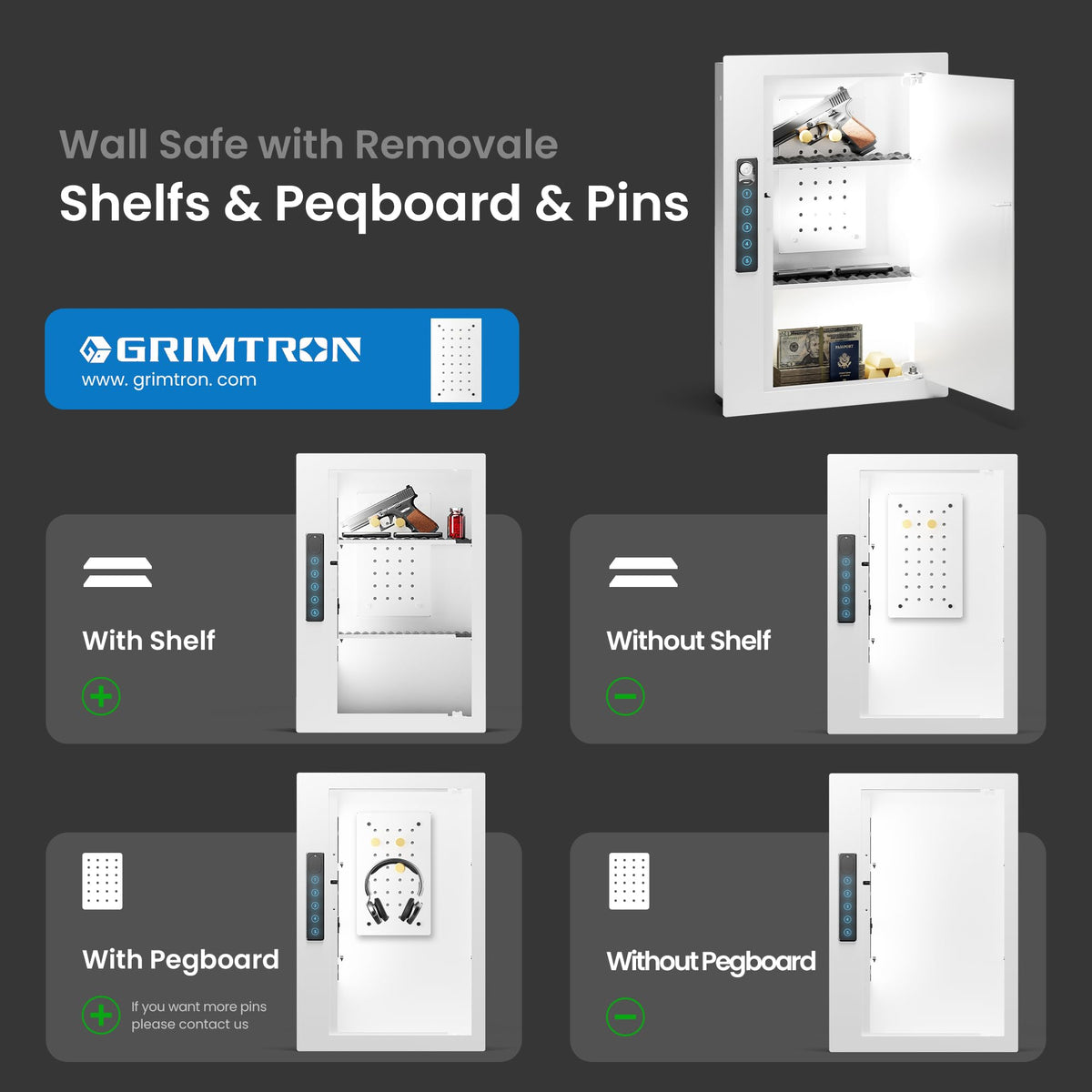 Grimtron Wall Safe with digital keypad and backup keys for secure entry.