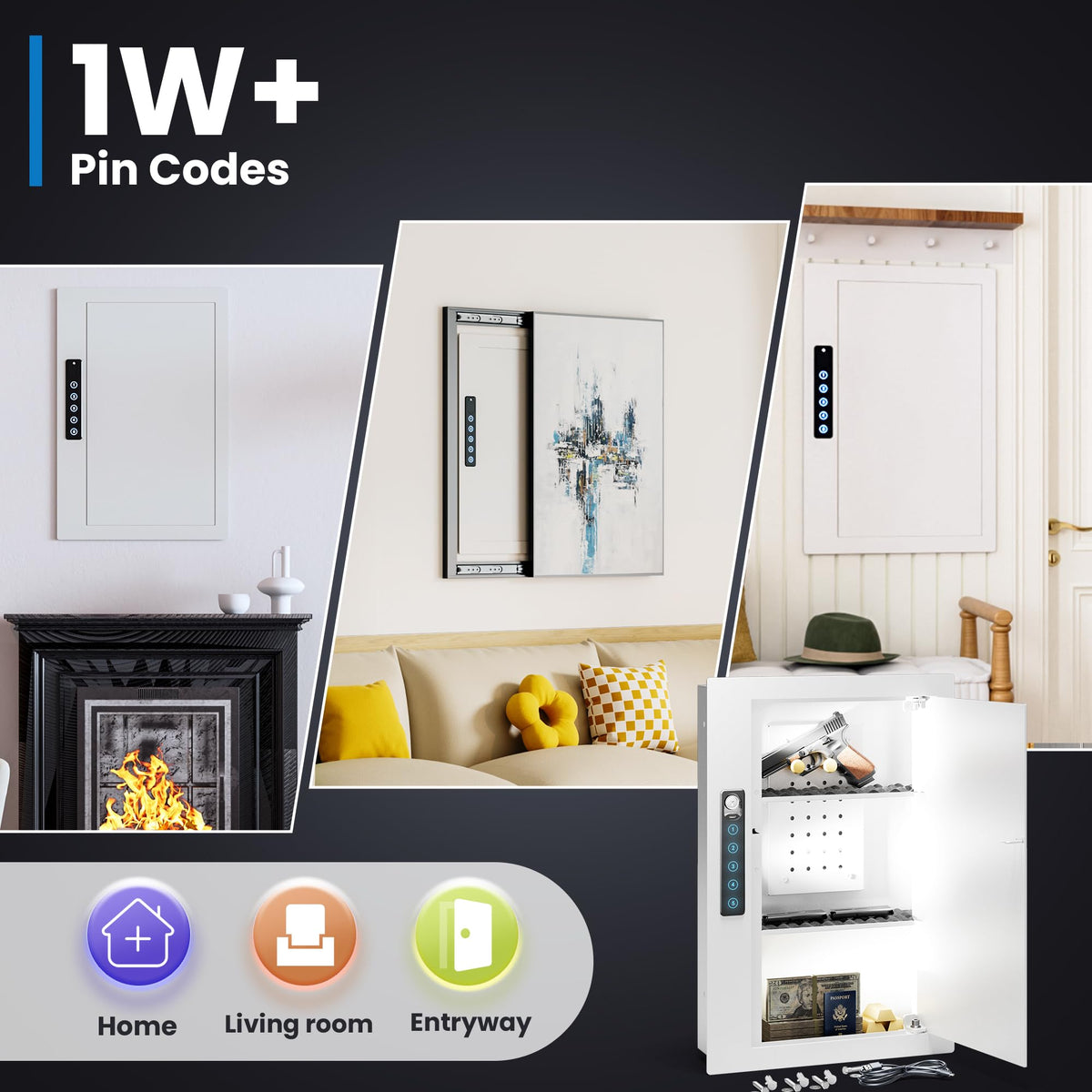 Grimtron Wall Safe silent mode mutes keypad sounds for quiet operation.