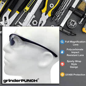 GrinderPUNCH ANSI Z87 safety glasses frame close-up showing durable polycarbonate lenses.
