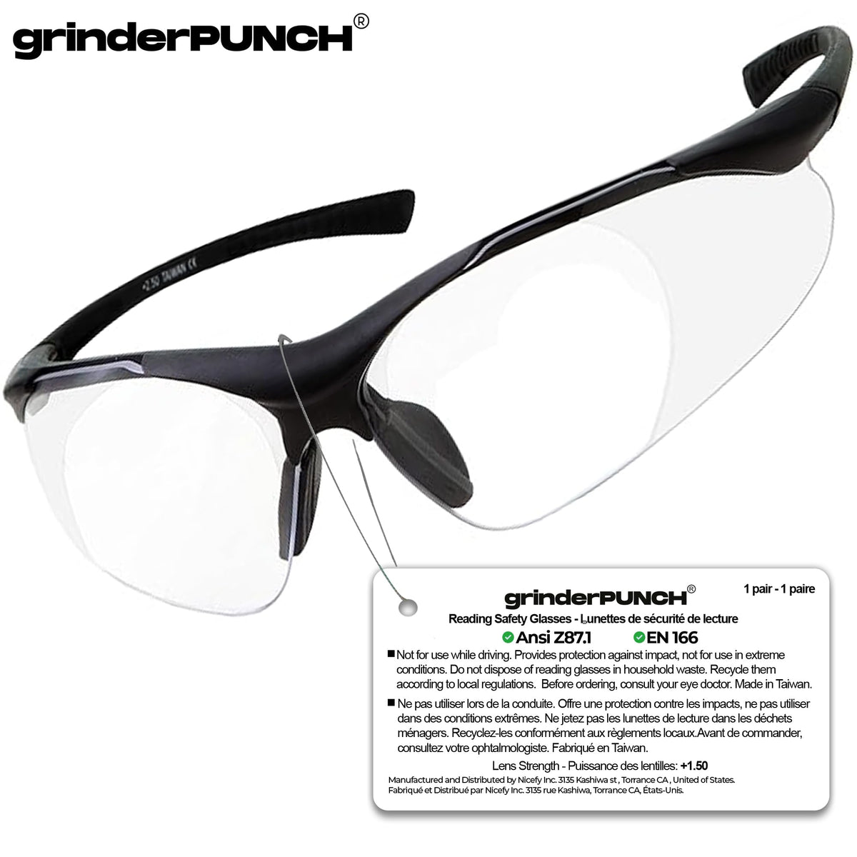 GrinderPUNCH diopter label displays +1.50 magnification for near vision tasks.