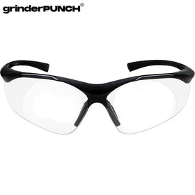 GrinderPUNCH in workshop use demonstrates protective eyewear during debris-prone tasks.