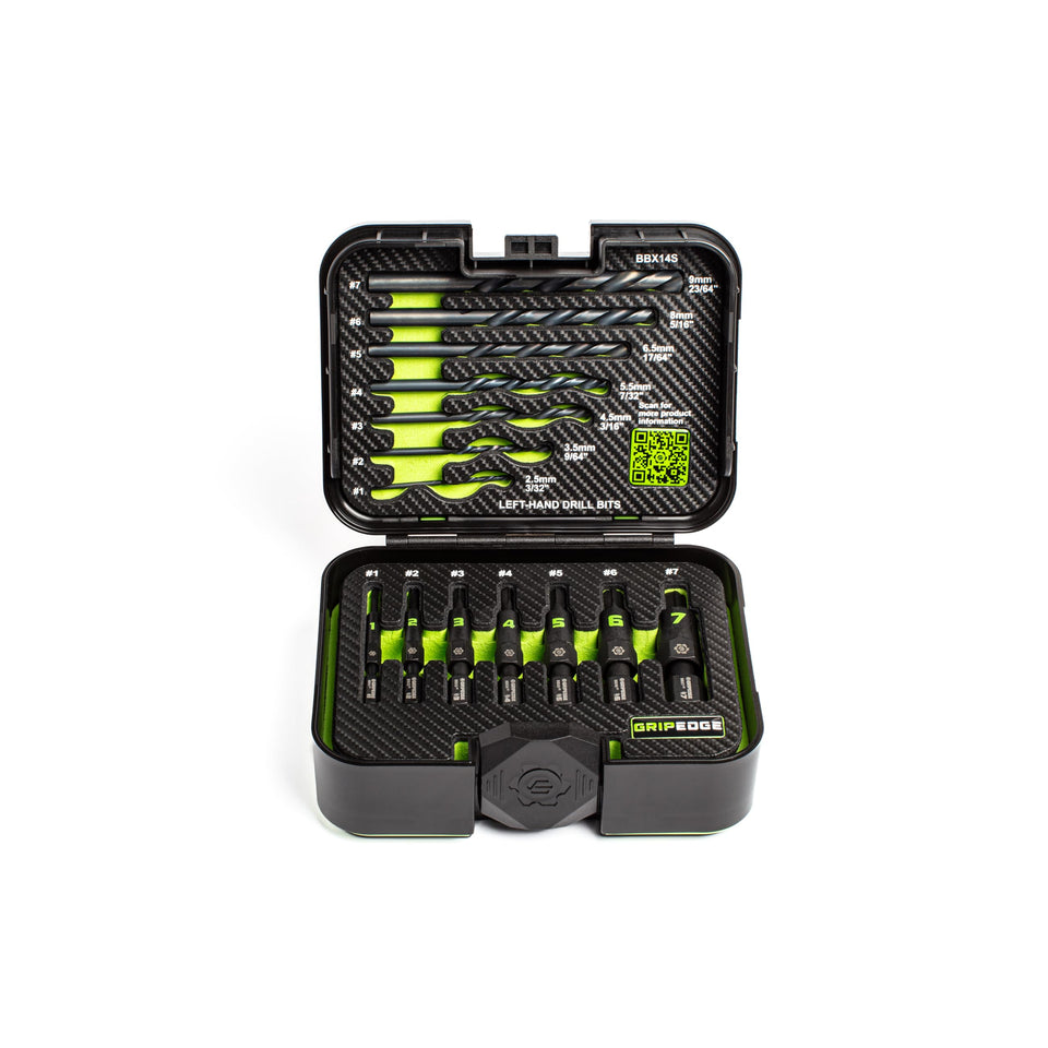 GRIPEDGE 14pc G-FORS extractor set in premium case for reliable fastener removal