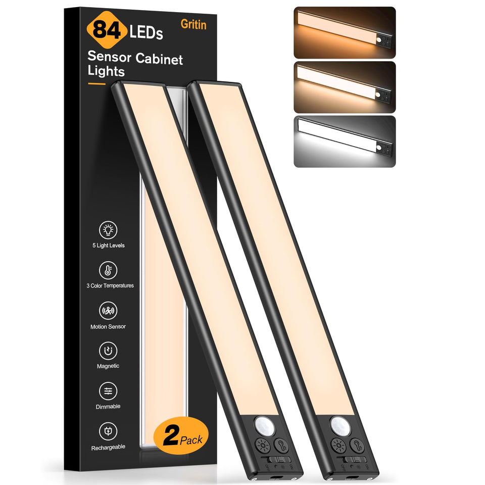 Gritin under-cabinet light with magnetic mount for quick installation and clean look.
