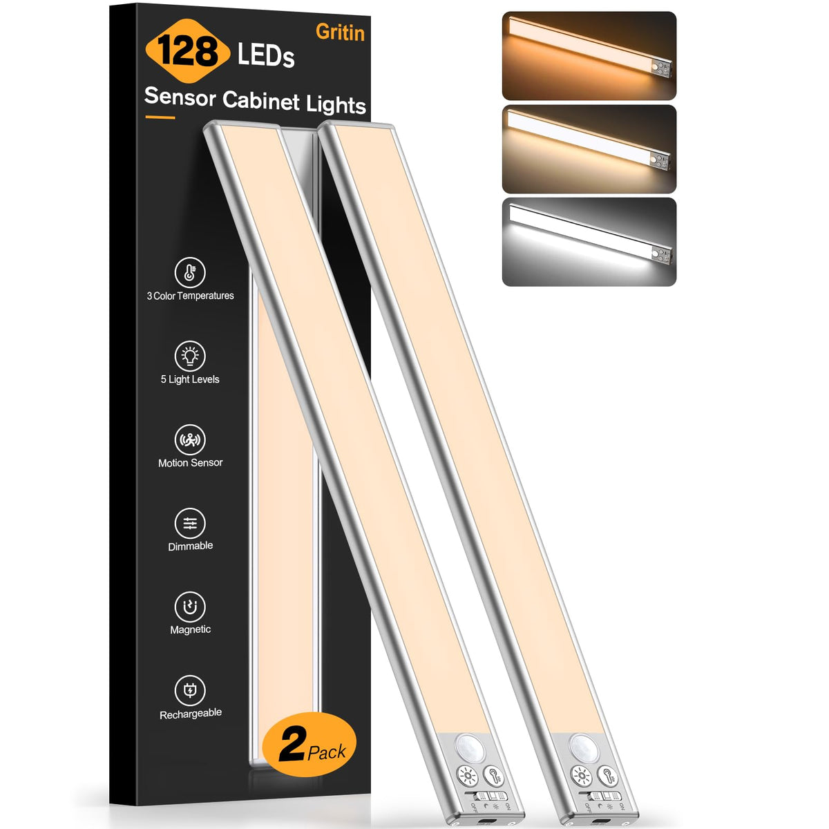 Gritin 14-7-inch under cabinet light, front view, ideal for kitchen task lighting.