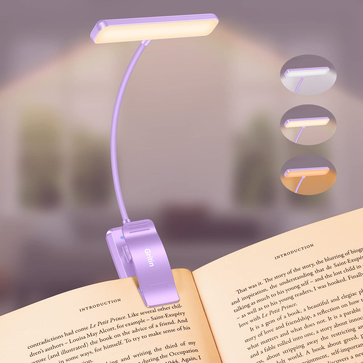 Gritin 19 LED book light clip-on securely attaches to pages for hands-free reading.