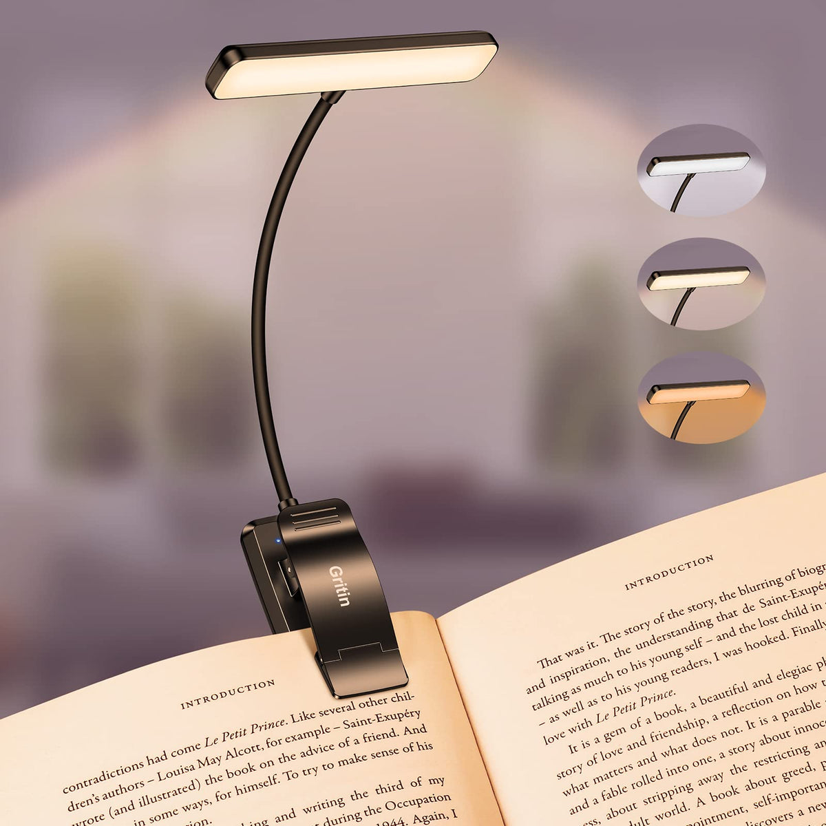 Gritin 19 LED book light with horizontal head for wide coverage and focused reading.