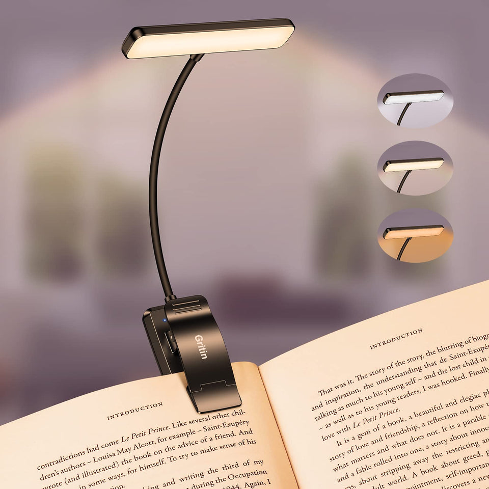 Gritin 19 LED book light with horizontal head for wide coverage and focused reading.