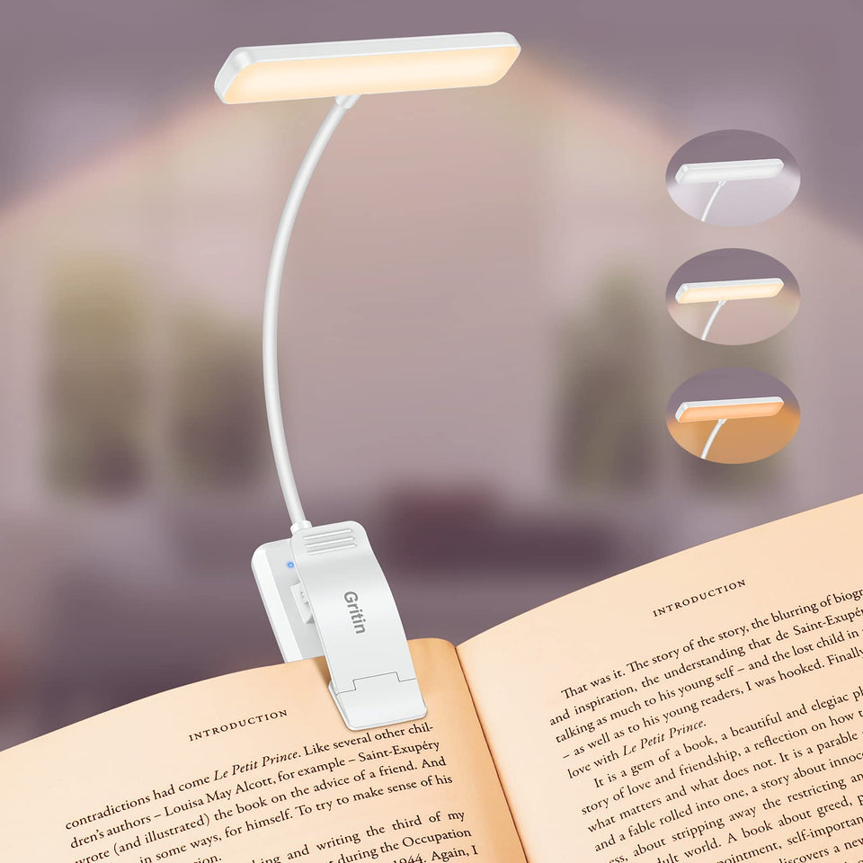 Gritin 19 LED rechargeable book light head delivers wide, even illumination for reading in bed.