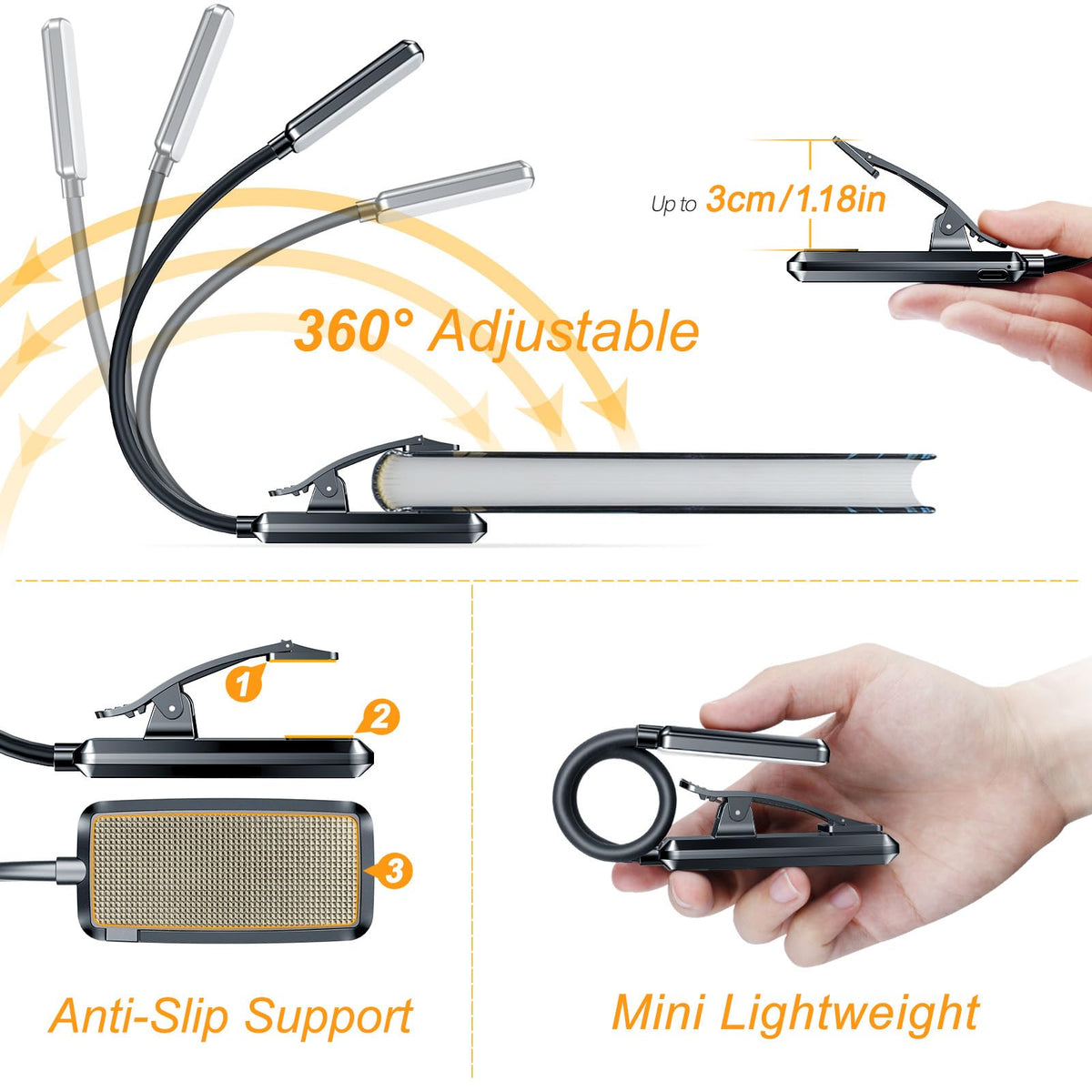 Gritin 360-degree flexible neck for precise page lighting.