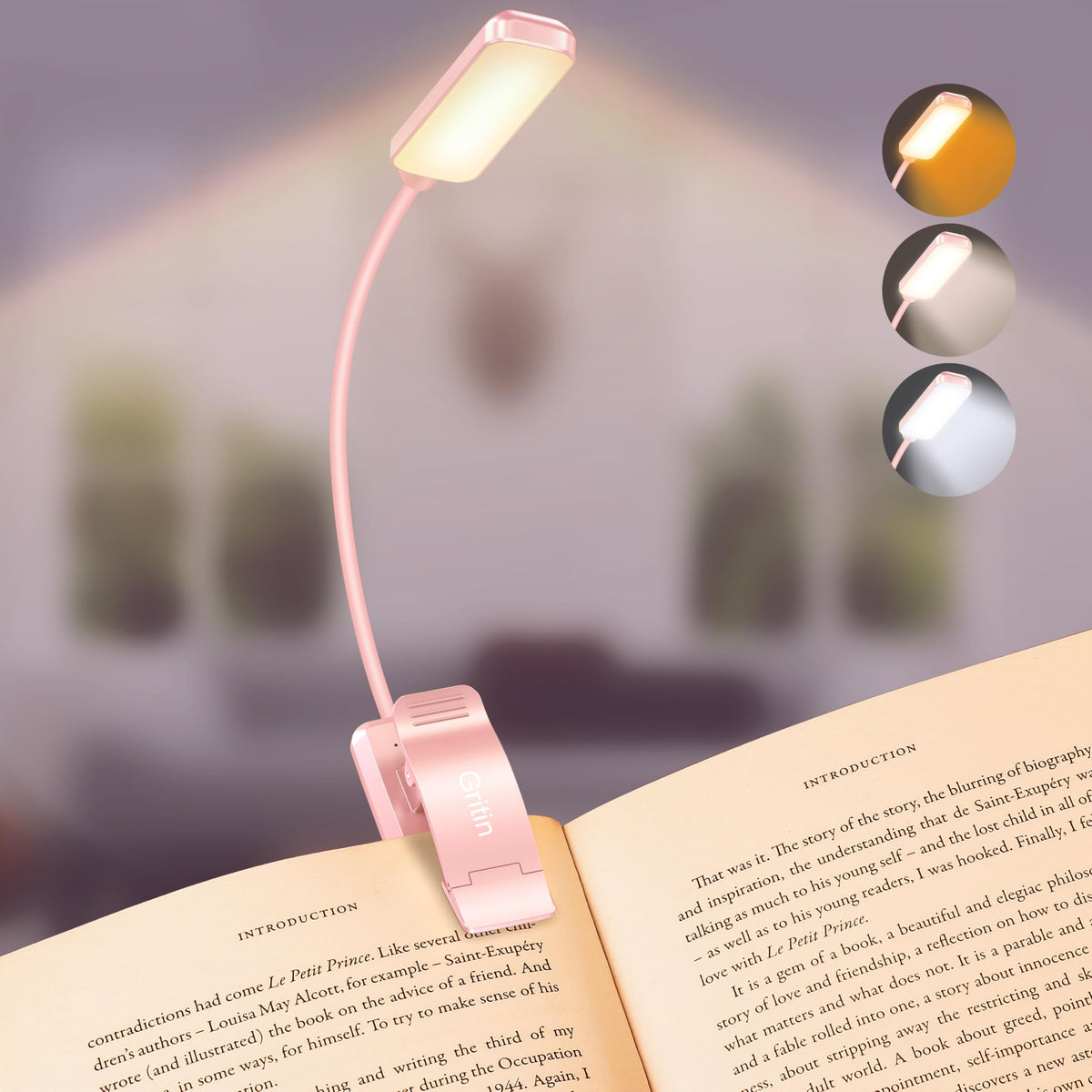 Gritin 9 LED book light with clip-on non-slip grip for stable bedside reading.
