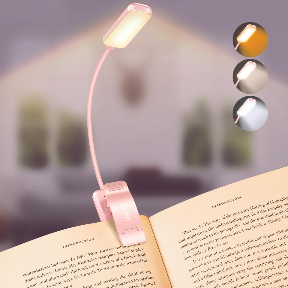 Gritin 9 LED book light with clip-on non-slip grip for stable bedside reading.