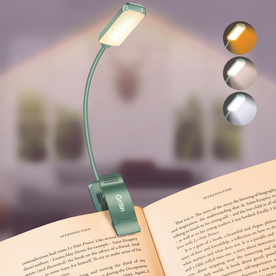 Gritin 9 LED clip-on light attached to a book for night reading