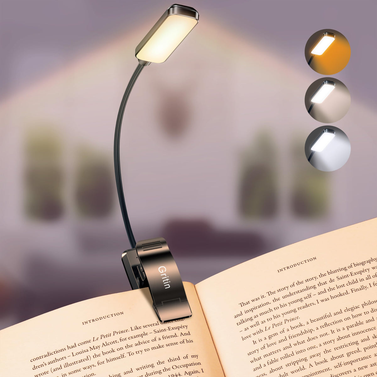 Gritin 9 LED book light clip close-up for secure bedside reading.