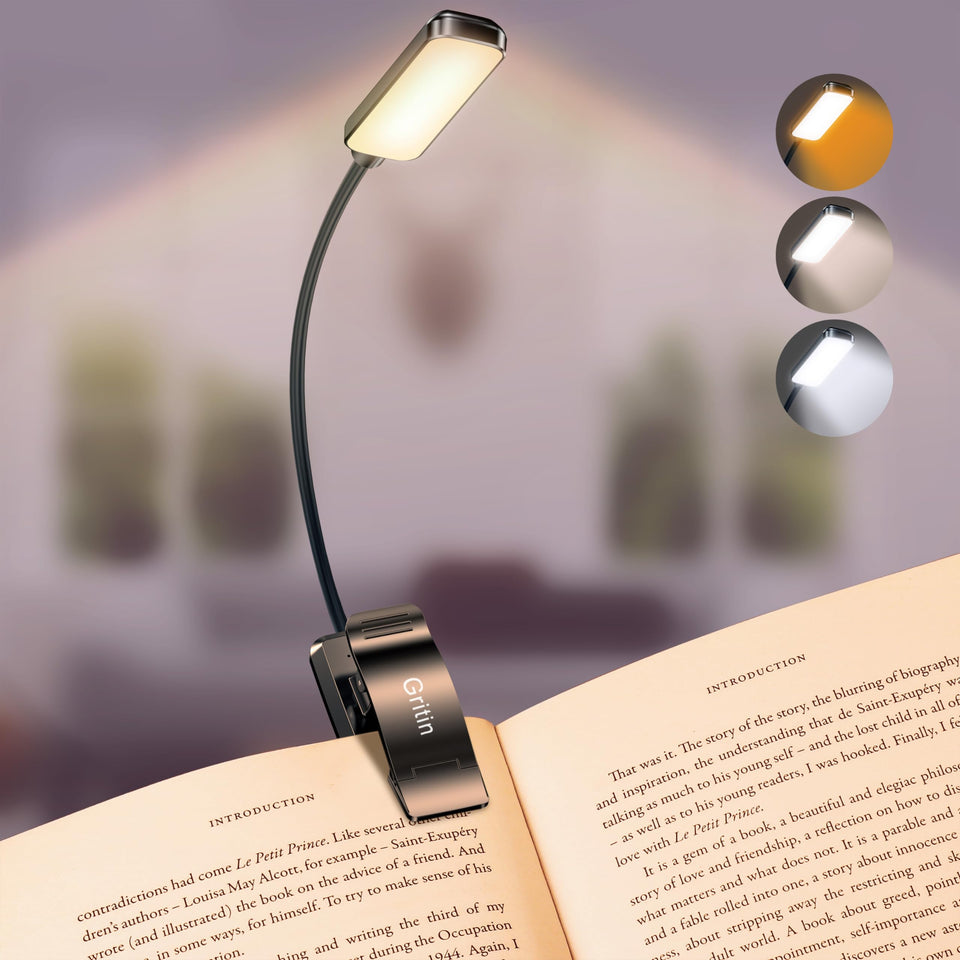 Gritin 9 LED book light clip close-up for secure bedside reading.