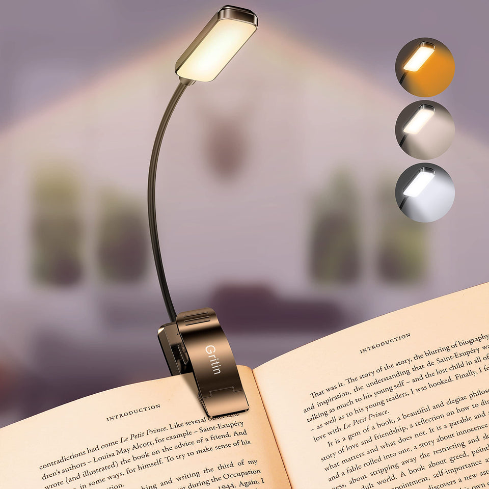 Gritin 9 LED Rechargeable Book Light with clip-on design for bedside reading.